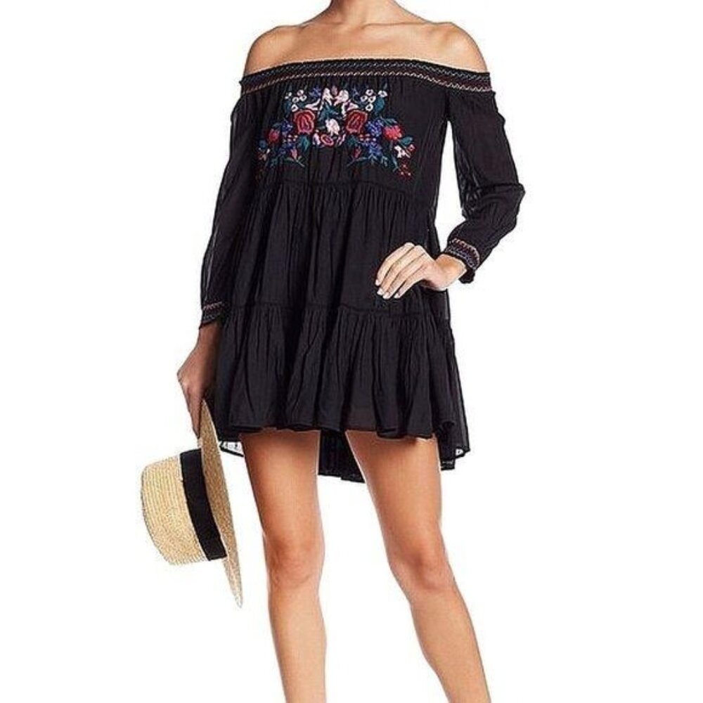 Free People Sunbeams Minidress Size Small Black Floral Embroidered Boho New